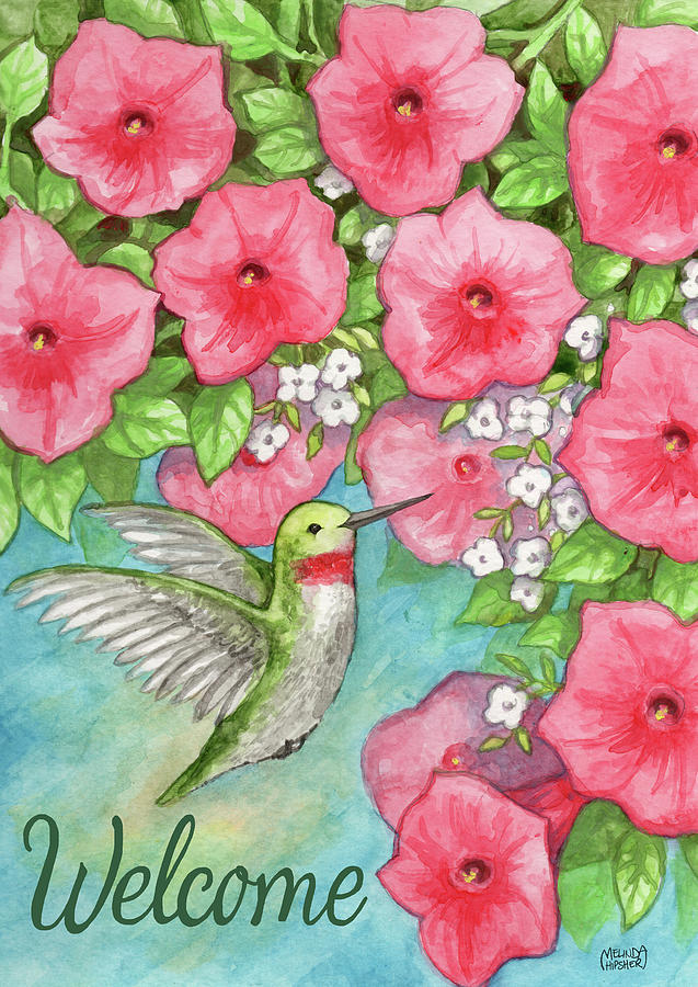 Hummingbird Painting - Hummingbird With Flowers Welcome by Melinda Hipsher