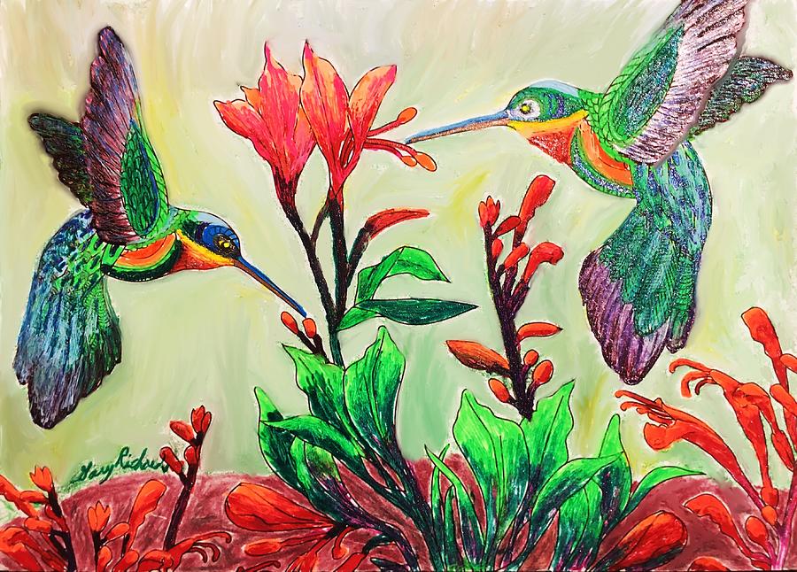 Hummingbirds and Canna lilies Drawing by Gary F Richards