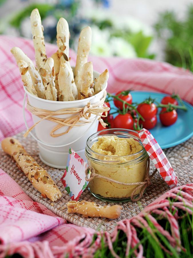 Hummus And Homemade Breadsticks For A Picnic Photograph by Gareth Morgans