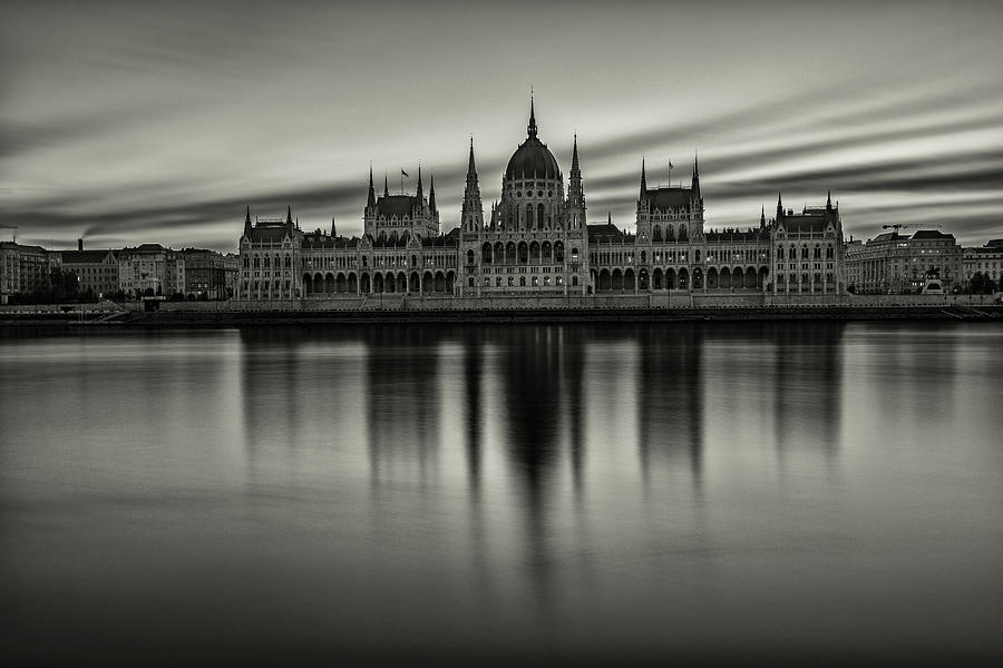 Black And White Photograph - Hungarian Parliament Building B&w by Vasil Nanev