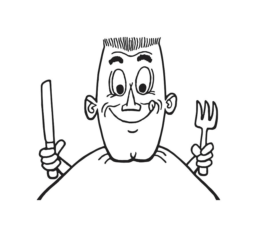 Hungry Man Holding Knife and Fork Drawing by CSA Images - Pixels