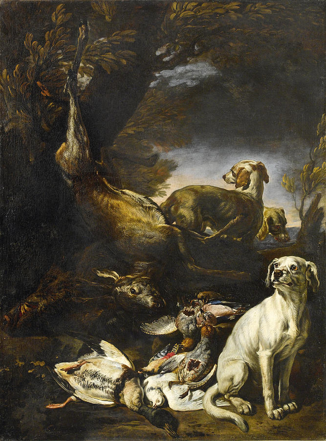 Hunted game are guarded by dogs in a forest landscape Painting by David de Coninck