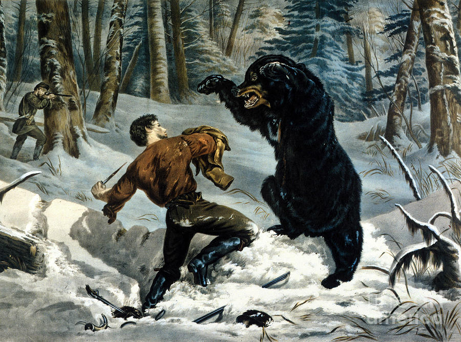 Hunter Attacked By A Grizzly Bear By Currier And Ives Painting by Currier And Ives