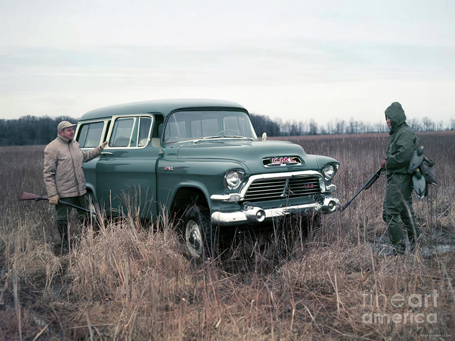 Hunters In Field With The 1960s Gmc Suburban Photograph by Retrographs