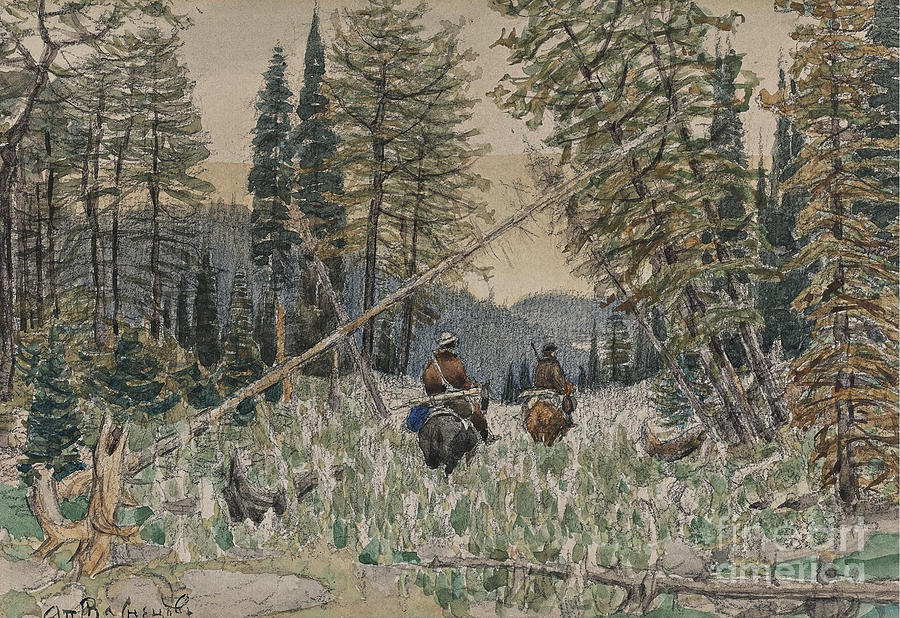 Hunters On Horseback In A Pine Forest Drawing by Heritage Images