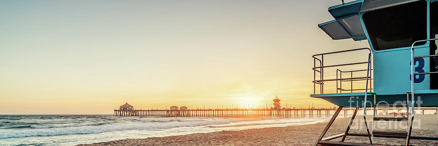 Huntington Beach Lifeguard Tower 3 and Pier Sunset Panorama Photograph by Paul Velgos