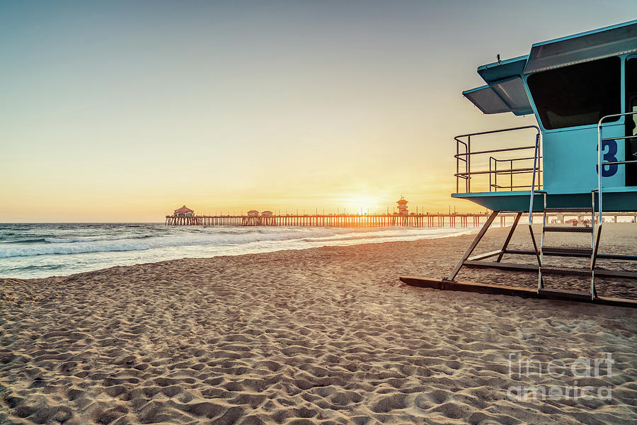 Huntington Beach Photograph - Huntington Beach Lifeguard Tower 3 and Pier Sunset Photo by Paul Velgos