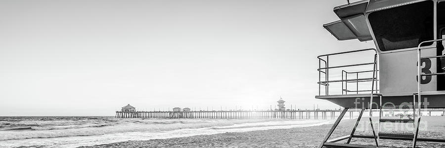 Huntington Beach Lifeguard Tower 3 Black and WHite Panorama Photograph by Paul Velgos
