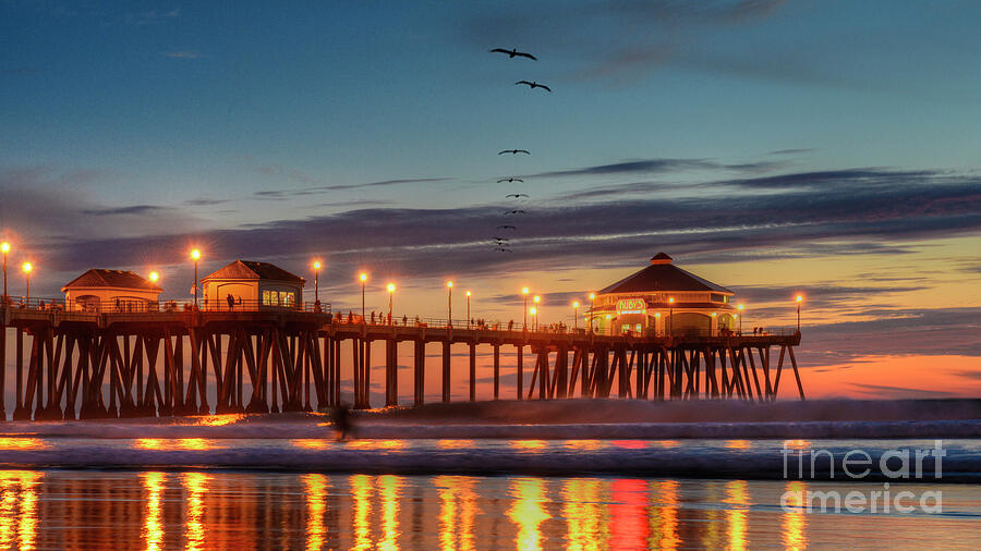 Huntington Beach Sunset Pier Reflections Photograph by David Zanzinger