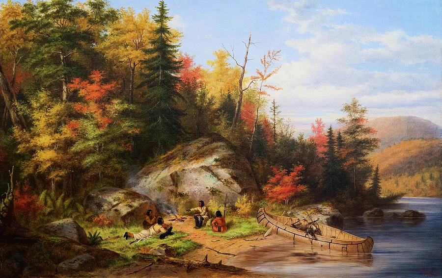 Fall Painting - Huron Hunters Camping At The Big Rock Of Lake Lagon by Mountain Dreams