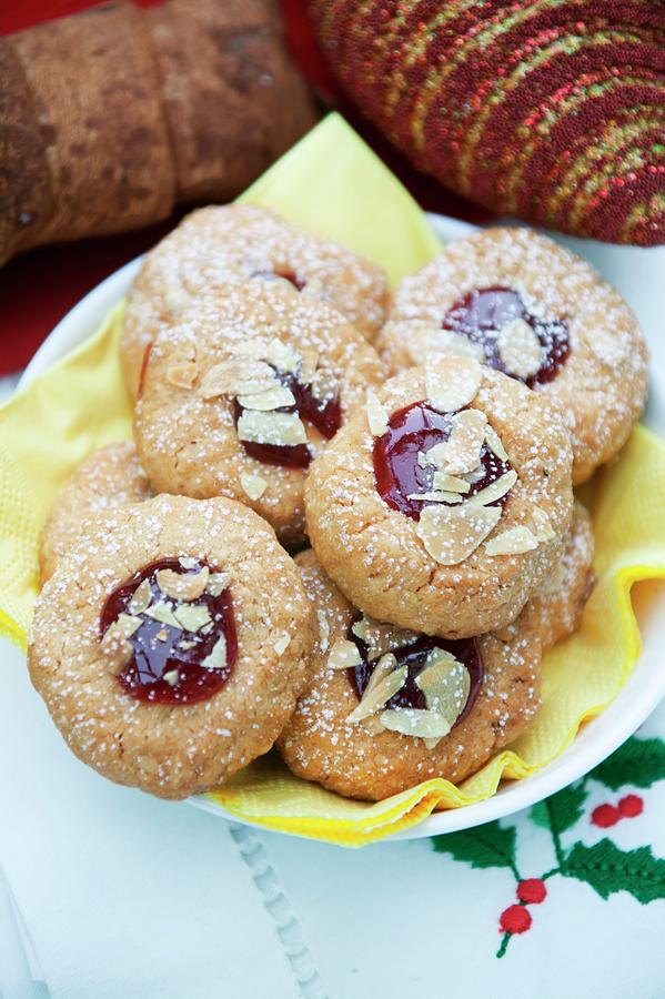 Fruit Photograph - Husarenkrapfen shortbread Jam Biscuits With Sliced Almonds by Food Experts Group