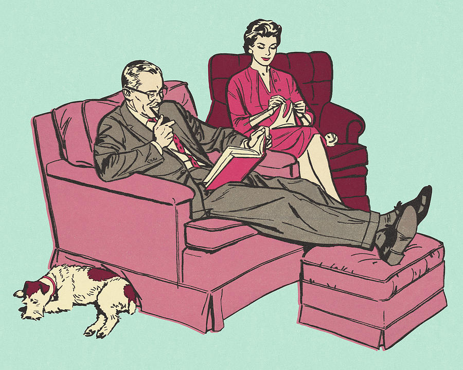 Vintage Drawing - Husband and Wife Relaxing in Chairs by CSA Images
