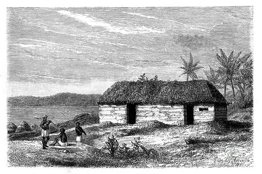 Hut At The Edge Of Lake Tanganyika Drawing by Print Collector