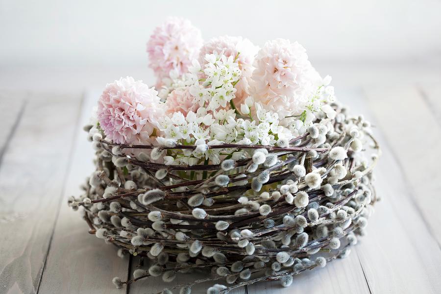 Hyacinth And Allium Flowers In Basket Of Pussy Willow Catkins Photograph by Martina Schindler