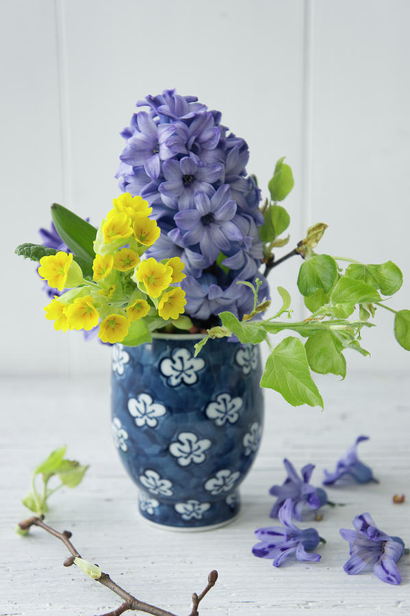 Hyacinths, Cowslips And Twigs Of Young Lime Leaves In Vase Photograph by Martina Schindler