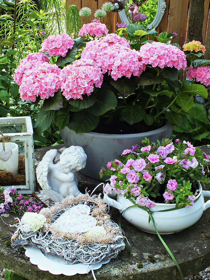 Hydrangea, Angel Statue, Mini Petunias, Vine Heart And Candle Lantern Photograph by Susan Haag