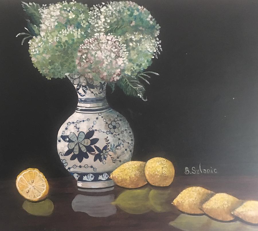 Hydrangea n lemons oriental vase Painting by Barbara Szlanic