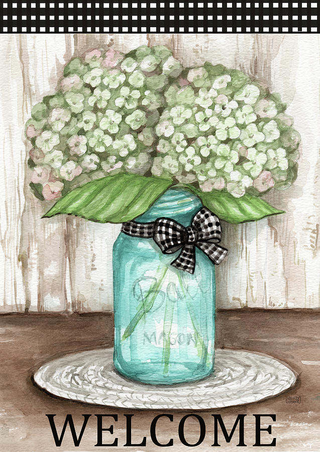 Spring Painting - Hydrangea Welcome With Checkers by Melinda Hipsher