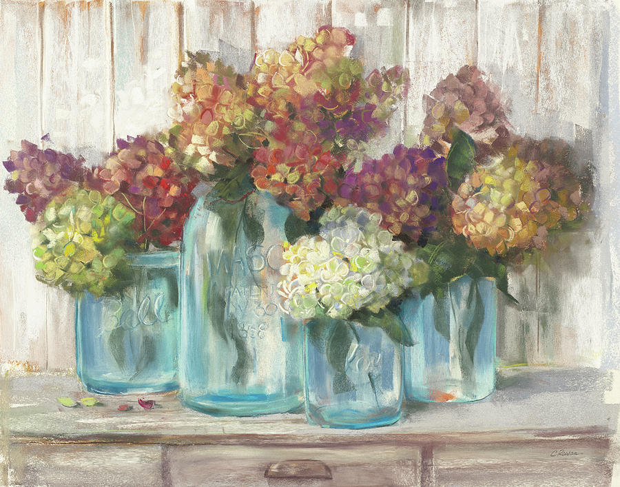 Flower Painting - Hydrangeas In Glass Jars White Wood by Carol Rowan