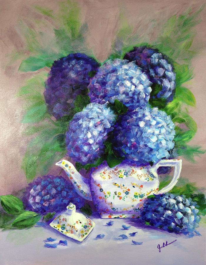 Hydrangeas in Grandmas Tea Pot Painting by Jan Chesler