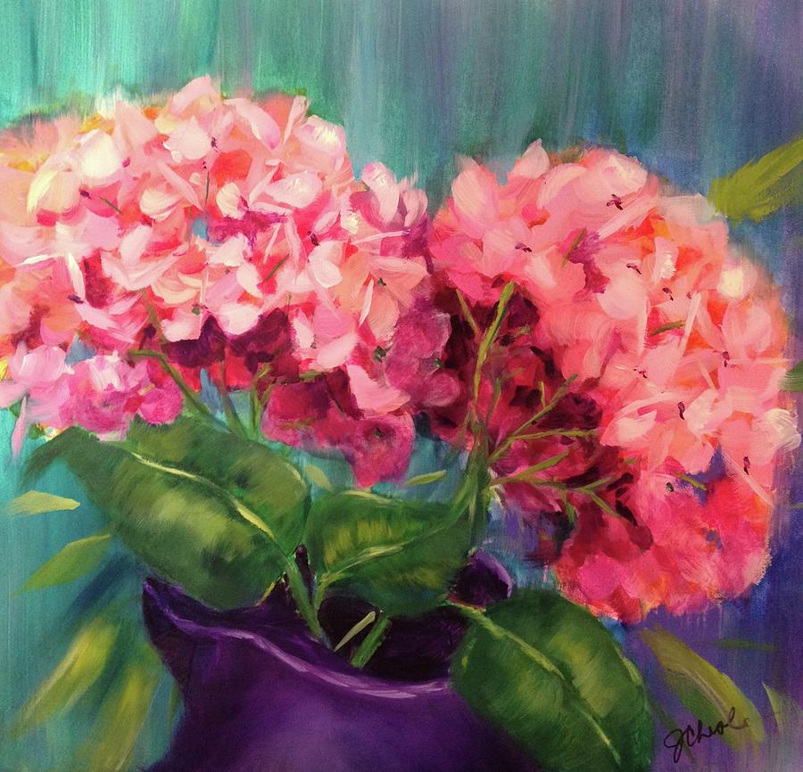 Hydrangeas in Purple Pitcher Painting by Jan Chesler
