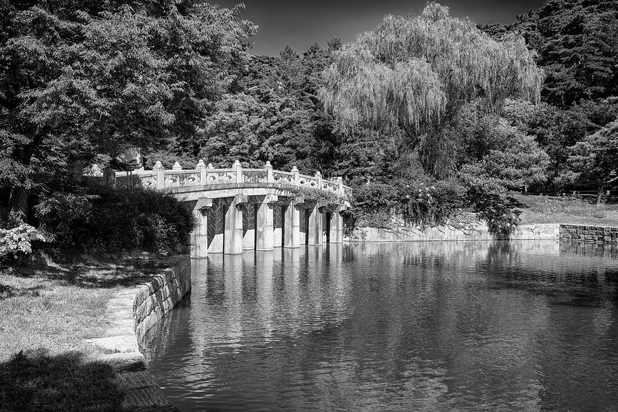 Bridge Photograph - Hyeonchungsa Shrine Koi Pond in Black and White by Rick Berk