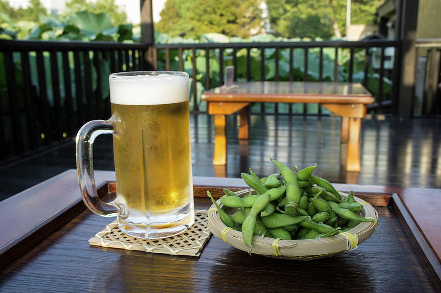Ice Cold Beer With Salted, Cold Edamame japan Photograph by Martina Schindler