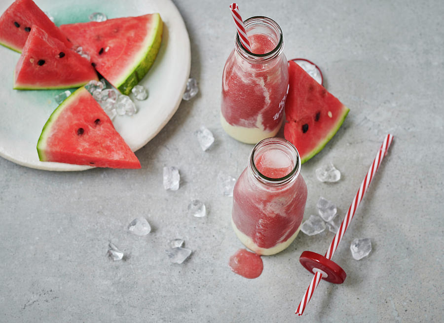 Ice-cold Melon Smoothie With Watermelon, Galia Melon And Yoghurt Photograph by Stefan Schulte-ladbeck