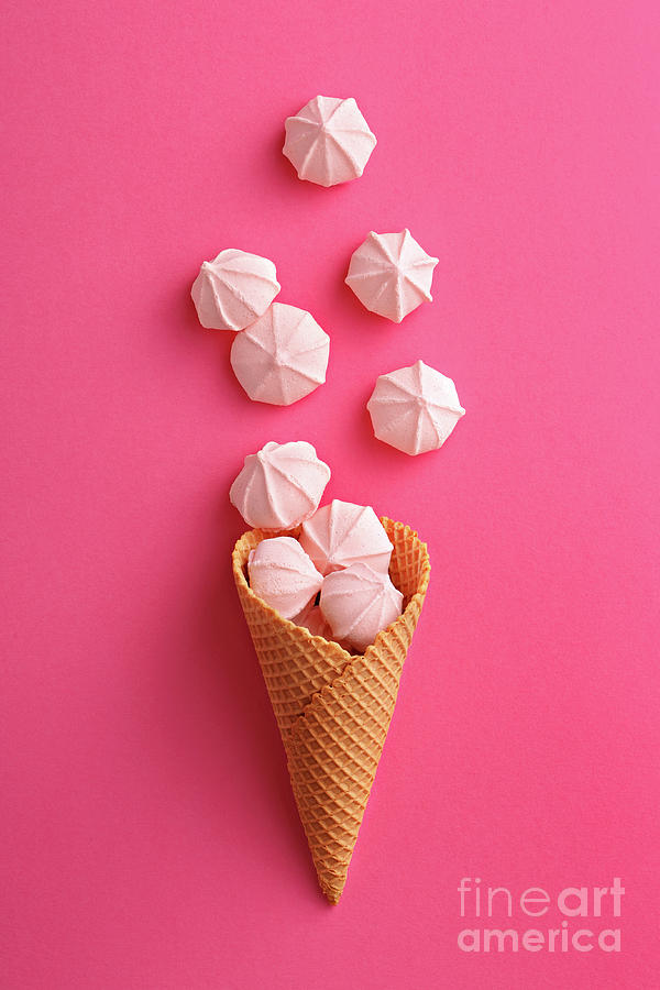 Ice Cream Cone With Meringues On A Pink Photograph by Virtustudio