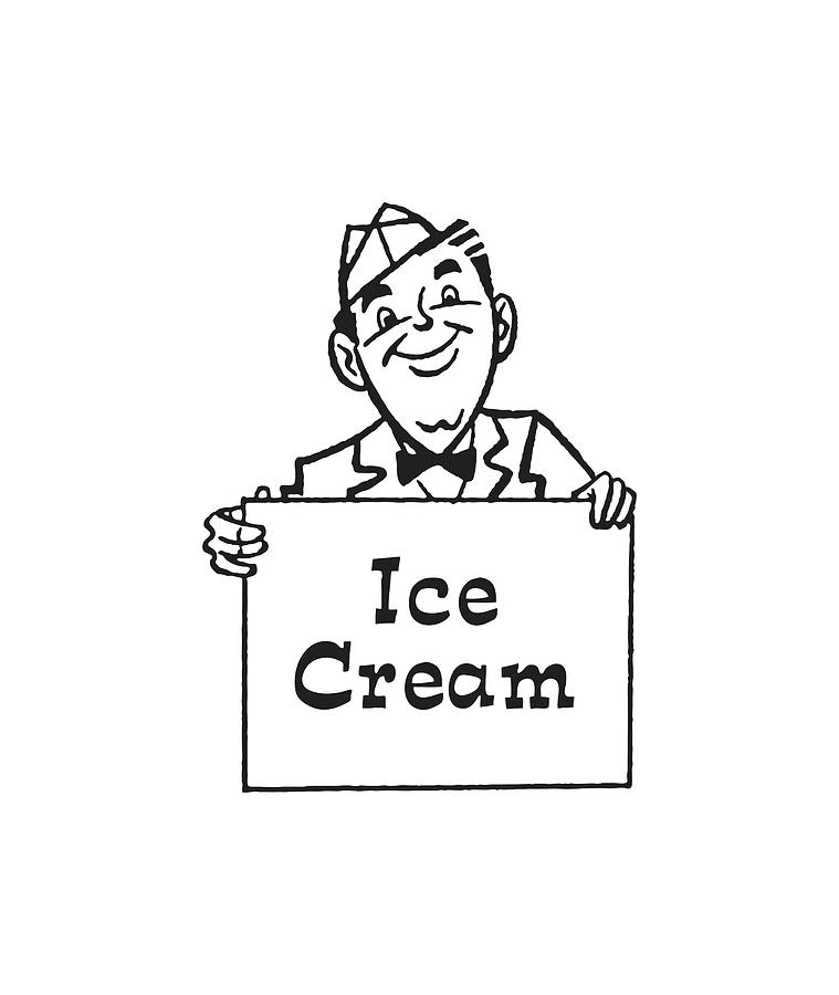 Black And White Drawing - Ice Cream Man with Ice Cream Sign by CSA Images