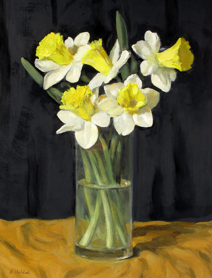 Ice Follies Daffodils In Cylindrical Glass Vase Painting by Robert Holden