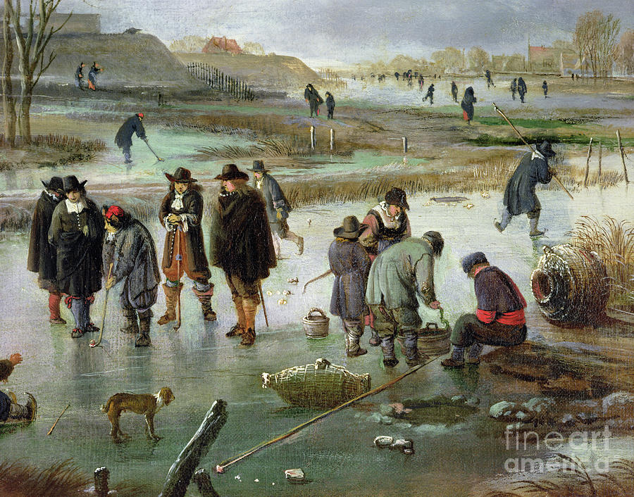 Ice Skating Outside The City Walls, Detail Of Ice Hockey Players Painting by Aert Van Der Neer