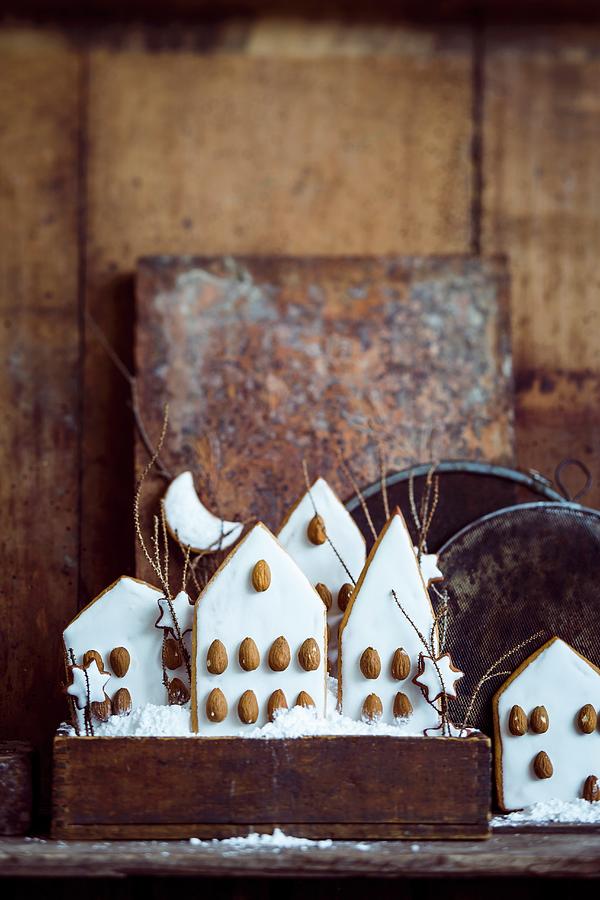 Iced Gingerbread Houses Decorated With Almonds Photograph by Eising Studio