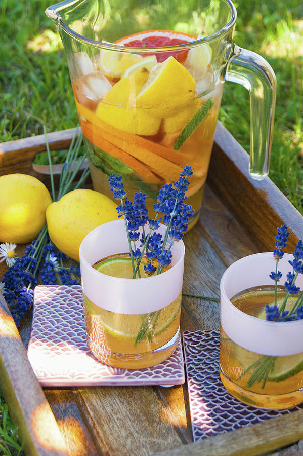 Iced Tea With Citrus Fruits And Lavender In A Jug And Glasses Photograph by Elena Ecimovic