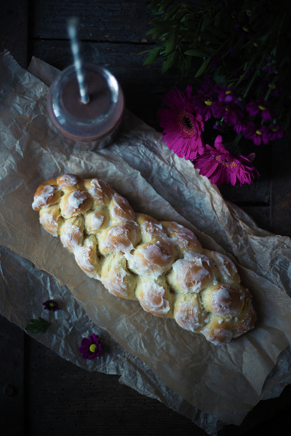 Iced Vegan Bread Plait And Edible Glitter Served With A Chocolate Soya Drink Photograph by Kati Neudert