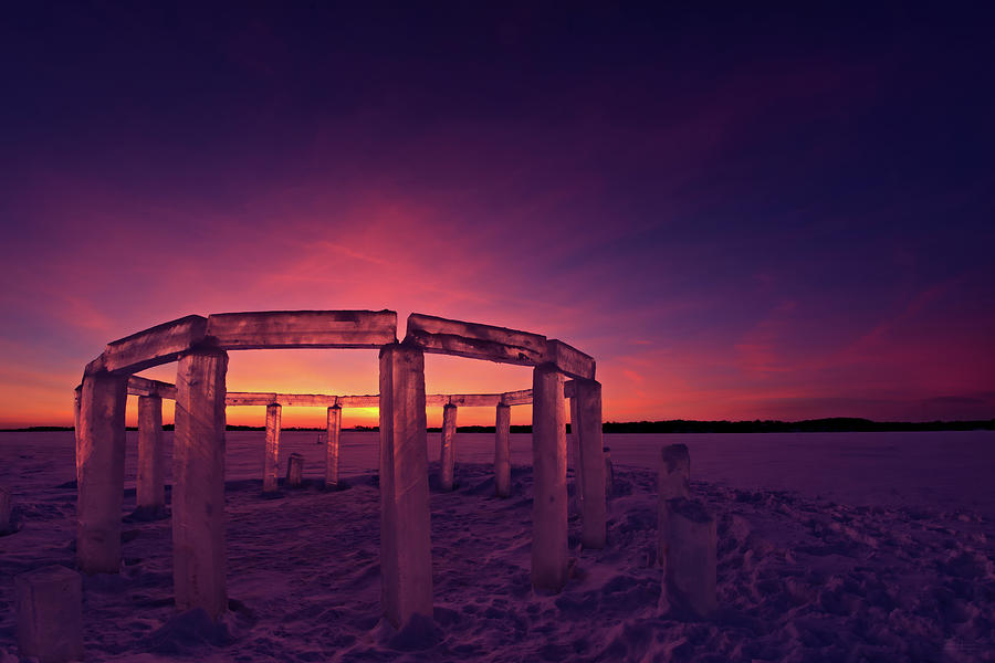 IceHenge #3 - Stonehenge made of ICE on Rock Lake at Lake Mills WI at purple hour Photograph by Peter Herman