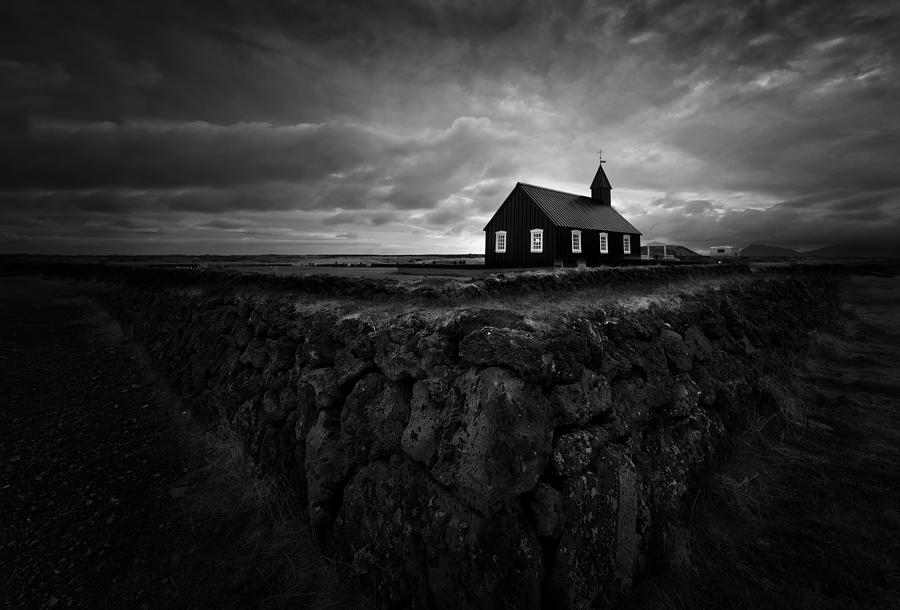 Black And White Photograph - Iceland Black Church by Larry Deng