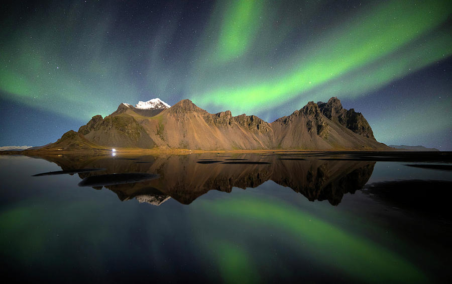 Iceland, East Iceland, Hofn, Northern Light Above Vestarhorn Mountain, Stokksnes Digital Art by Francesco Russo