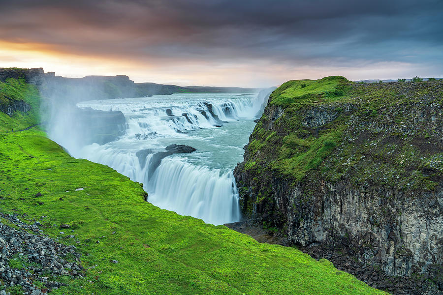 Iceland, South Iceland, Suwurland, Arnessysla, Gullfosswaterfall, Gullfoss Waterfall Of Hvita River At Sunset Digital Art by Sebastian Wasek