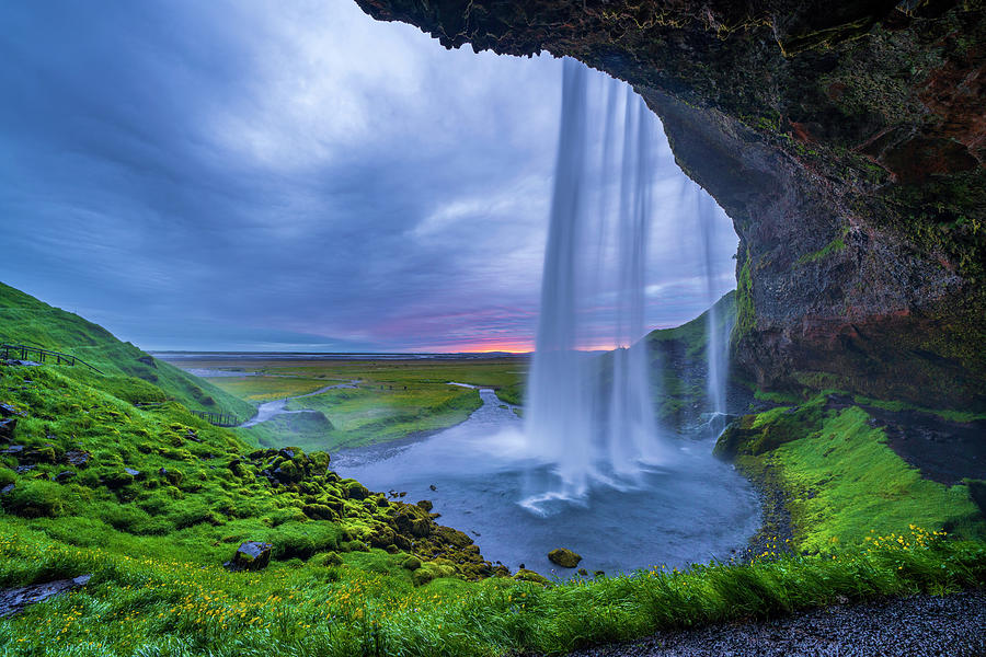 Iceland, South Iceland, Suwurland, Evening At Seljalandsfoss Waterfall Digital Art by Sebastian Wasek