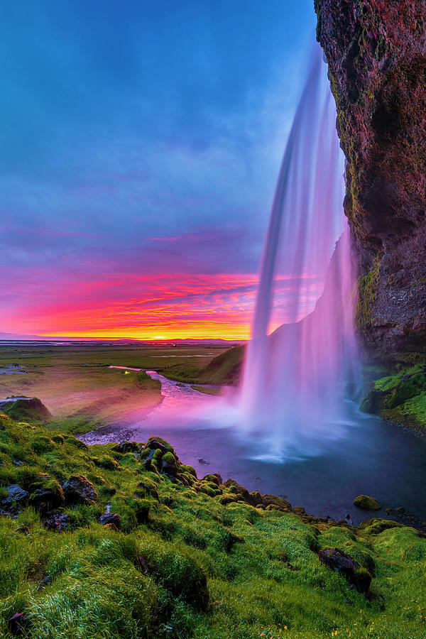 Iceland, South Iceland, Suwurland, Sunset From The Footpath Behind Seljalandsfoss Waterfall Digital Art by Sebastian Wasek