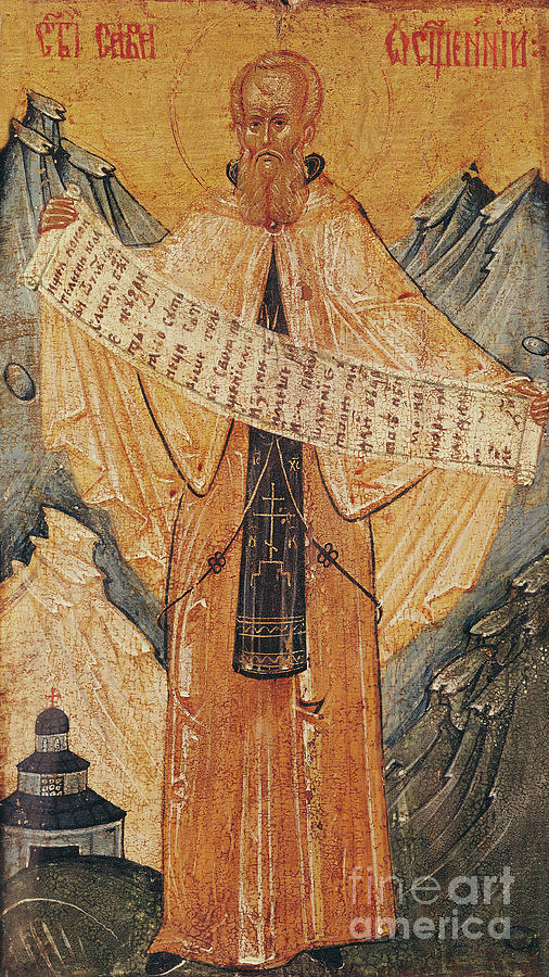 Mountain Painting - Icon Of St. Sabas Of Jerusalem, 1572 by Longin