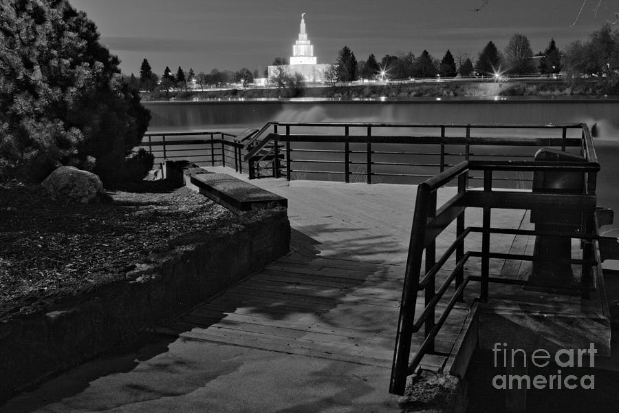 Idaho Fall Riverwalk Temple View Black And White Photograph by Adam Jewell