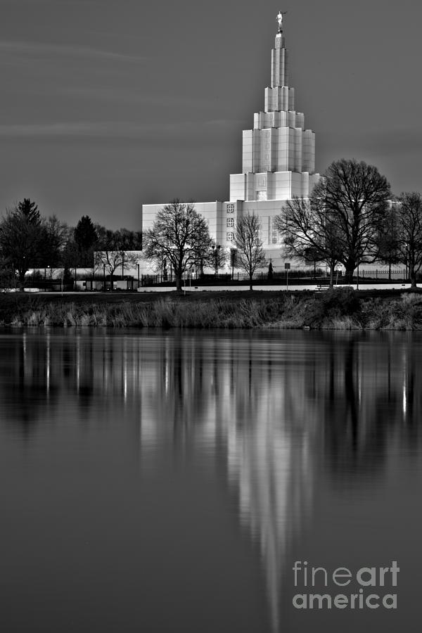 Idaho Falls Temple Afternoon Reflections Black And White Photograph by Adam Jewell