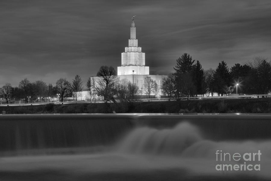 Idaho Falls Temple Evening Glow Black And White Photograph by Adam Jewell