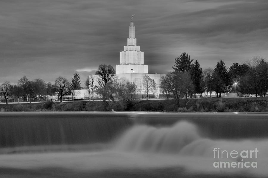 Idaho Falls Temple Over The Falls Black And White Photograph by Adam Jewell