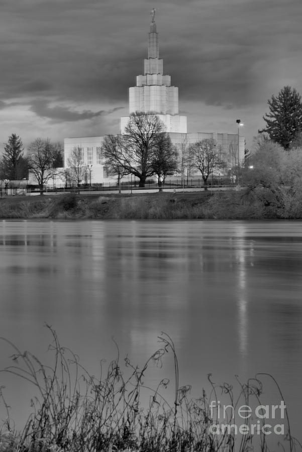 Idaho Falls Temple Relfection Portrait Black And White Photograph by Adam Jewell
