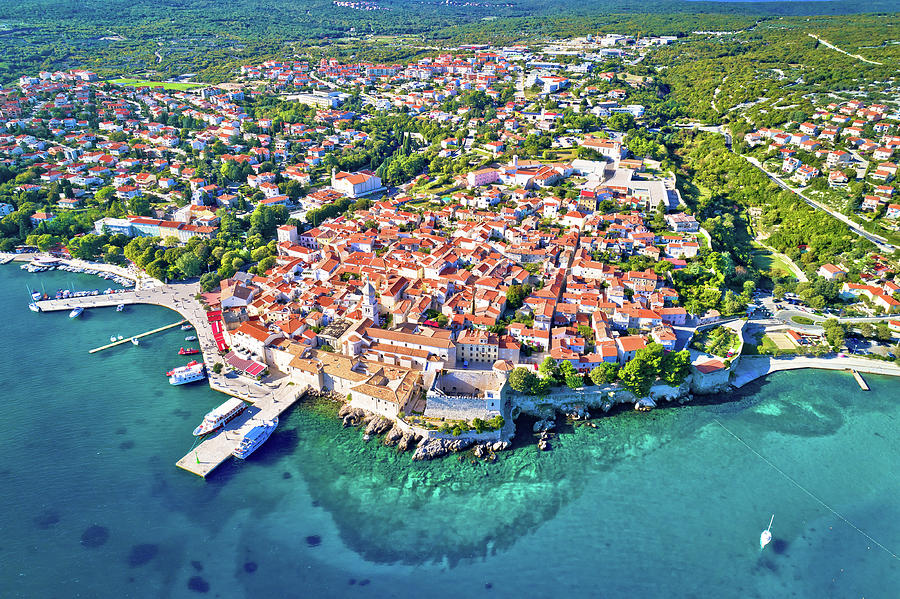 Idyllic Adriatic island town of Krk aerial view, Photograph by Brch Photography