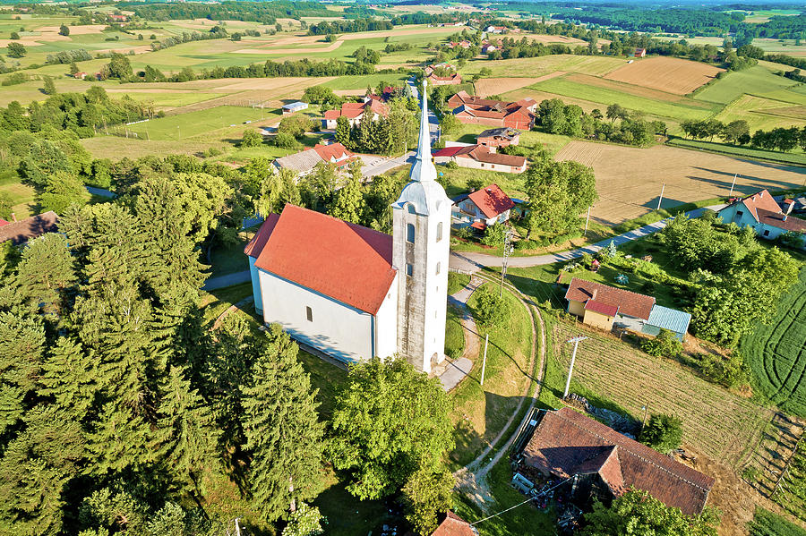 Idyllic rural Croatia village church aerial view Photograph by Brch Photography