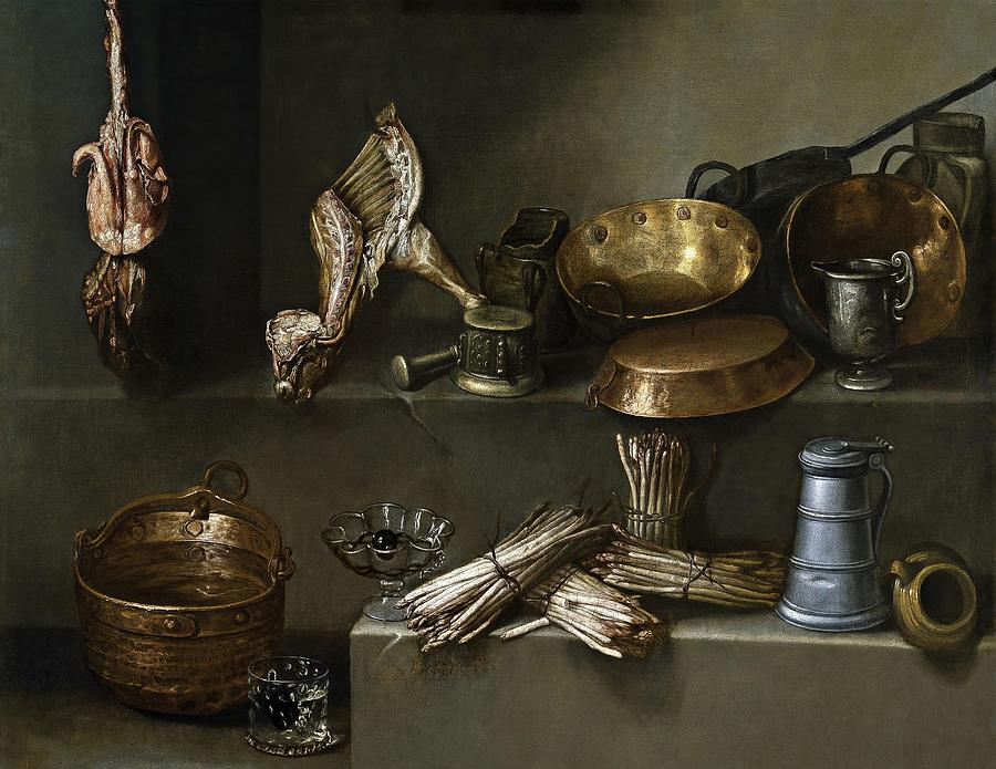 Ignacio Arias / Bodegon con recipientes de cocina y esparragos, ca. 1652, Spanish School. Painting by Ignacio Arias -fl 1652-